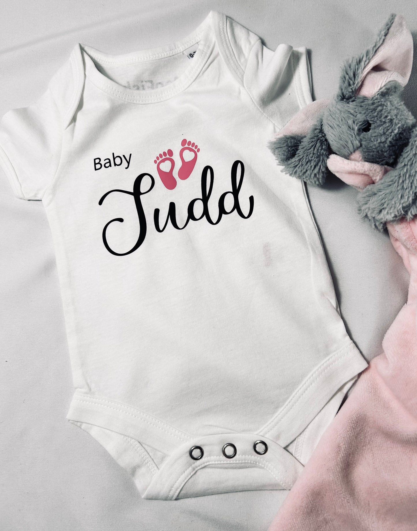 Personalised Baby Surname Baby Vest with Pink or Blue Feet