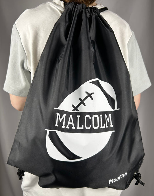 Personalised Water Resistant Rugby Drawstring Bag in Black or Grey