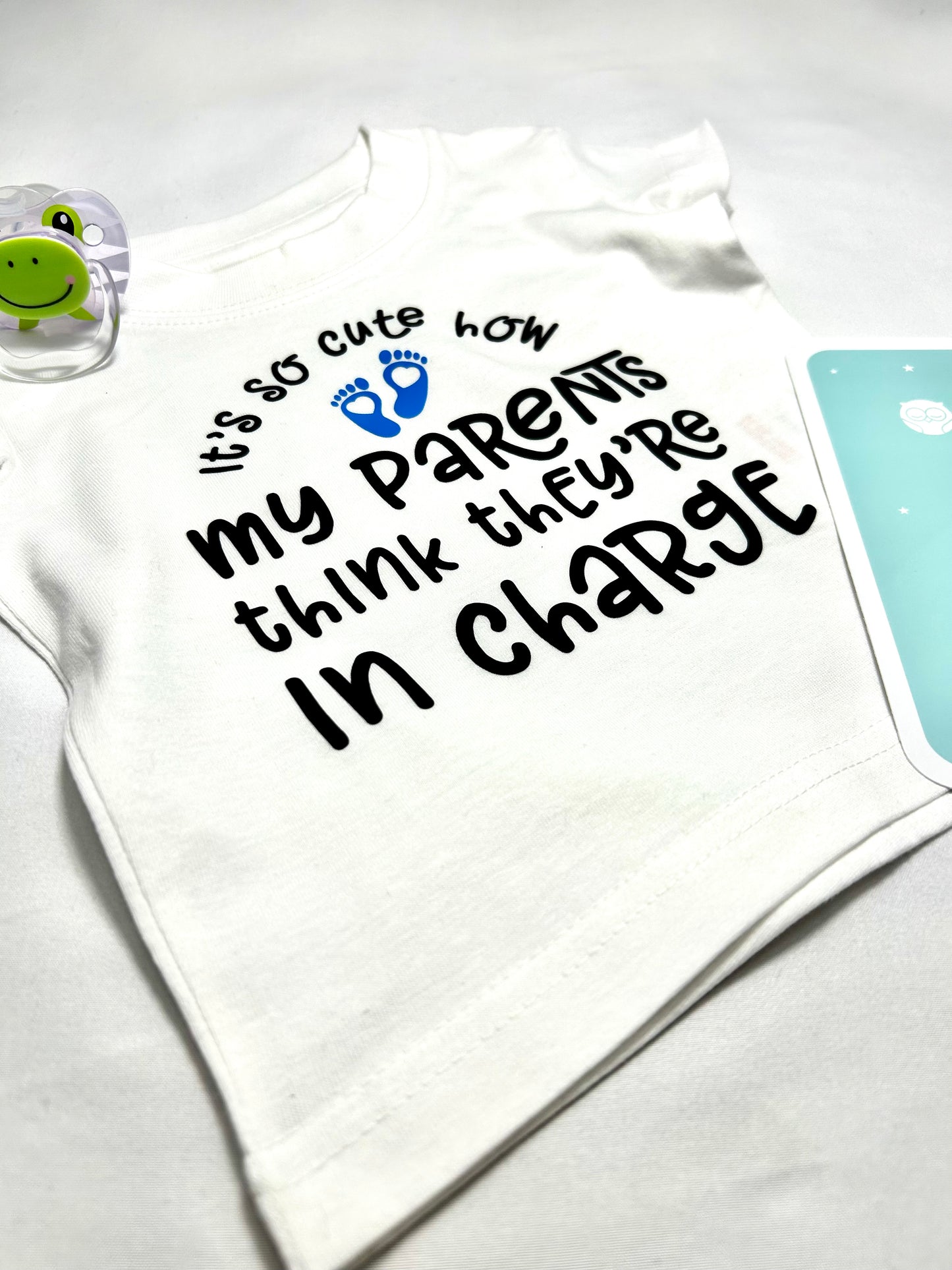 It’s So Cute….Organic White Baby T-Shirt with Blue or Pink Feet