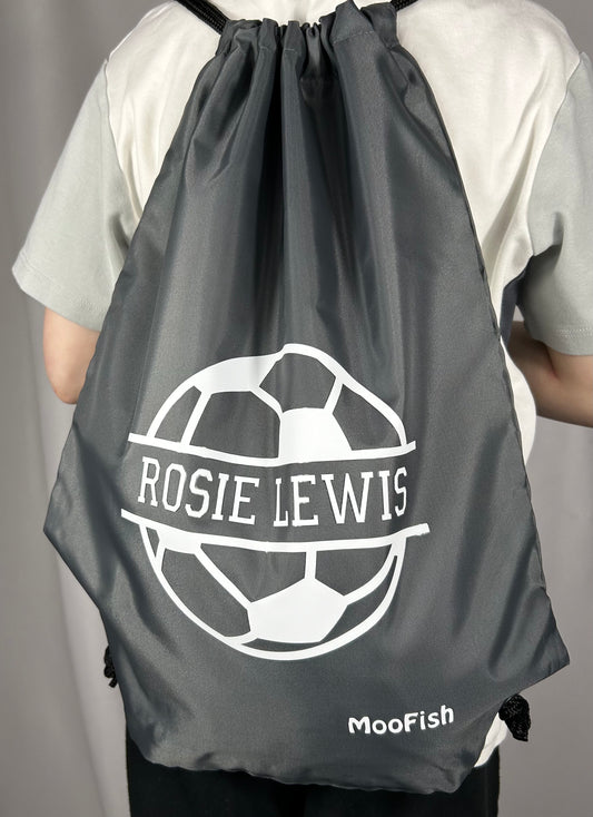 Personalised Water Resistant Football Drawstring Bag in Black or Grey