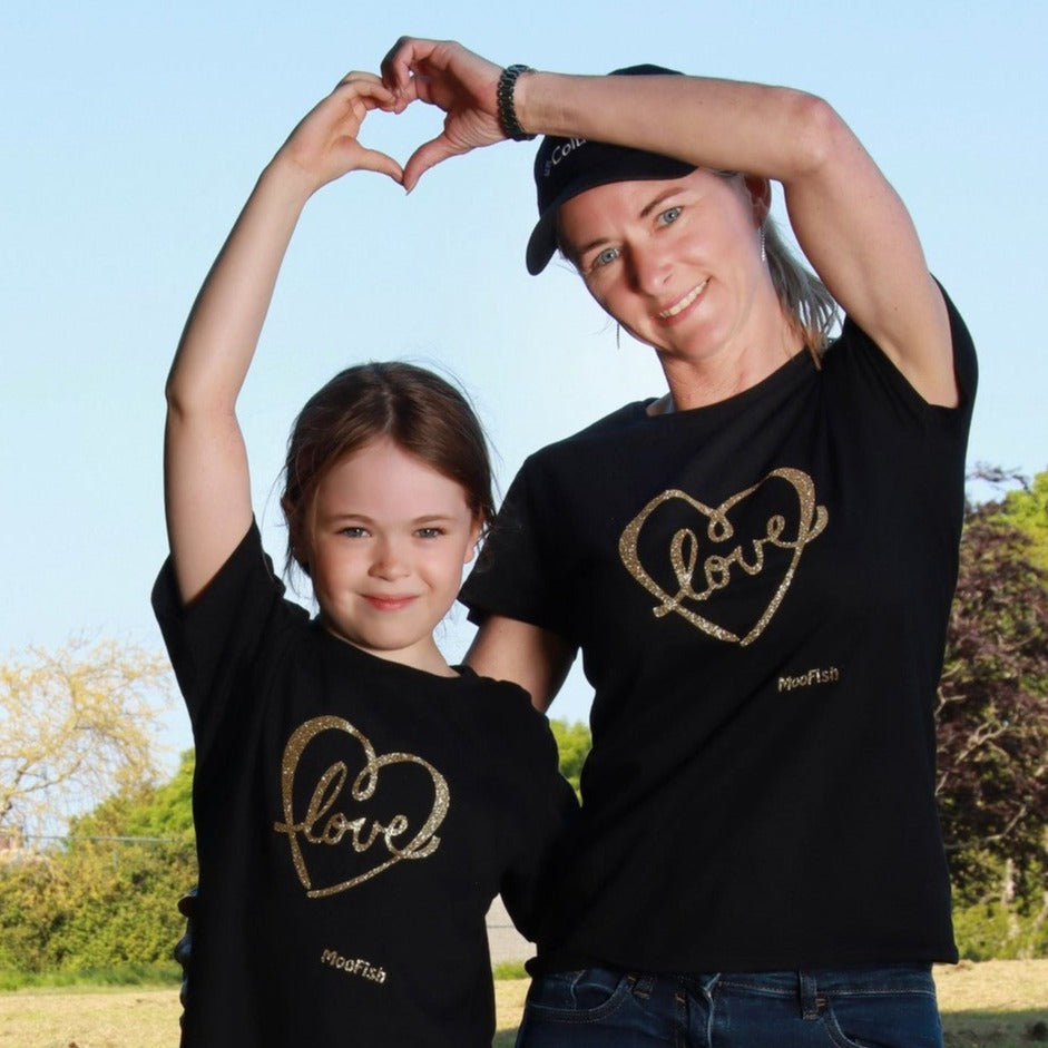 40% OFF - 'Love' Heart Gold Glitter Kids, Babies & Adults Matching T-Shirts