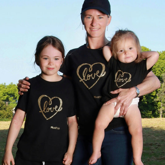 40% OFF - 'Love' Heart Gold Glitter Kids, Babies & Adults Matching T-Shirts