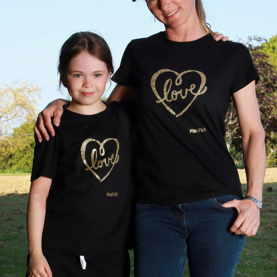 40% OFF - 'Love' Heart Gold Glitter Kids, Babies & Adults Matching T-Shirts